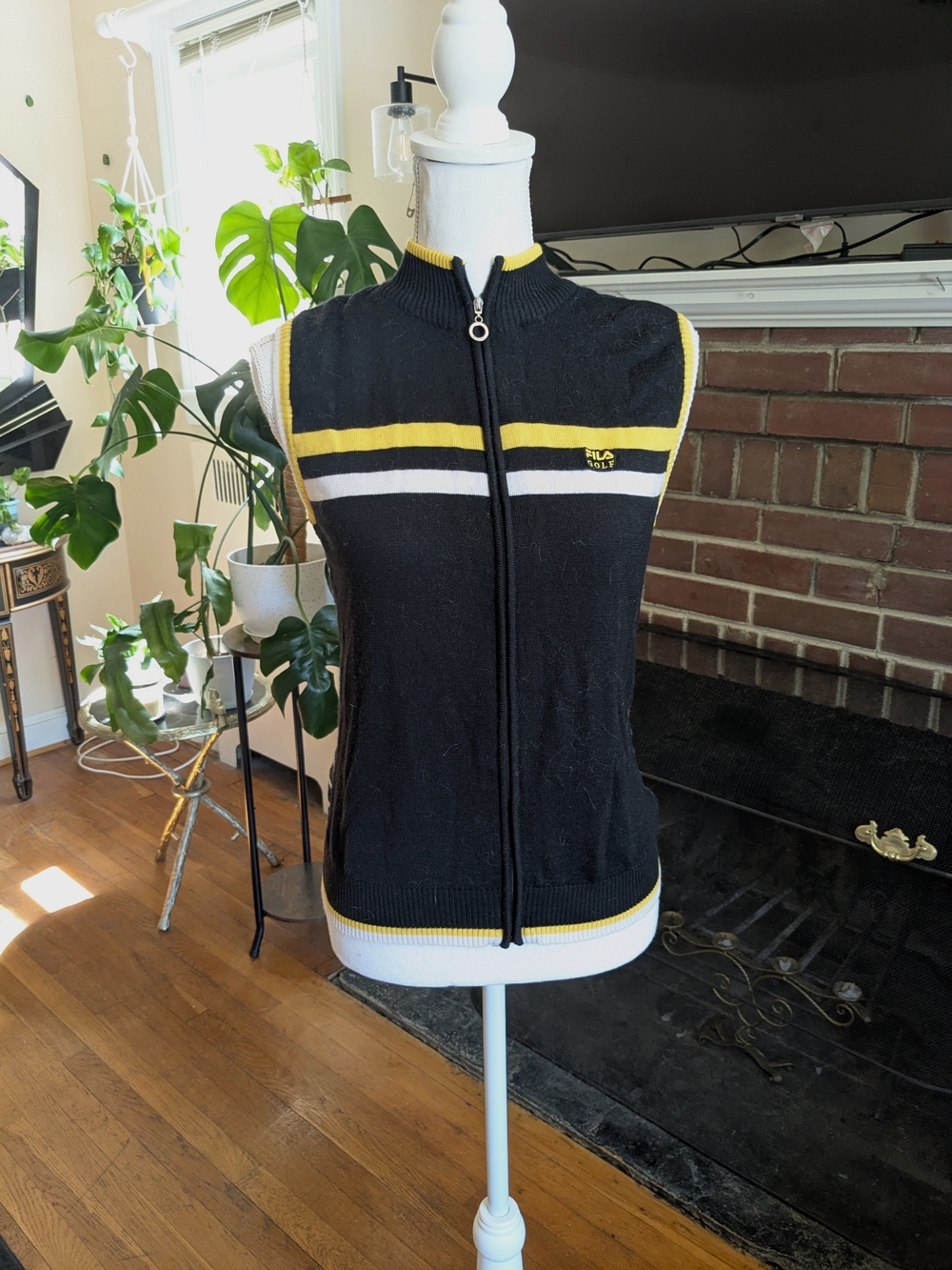 Fila Golf Black Knit Zip Up Vest with White and Yellow Stripes